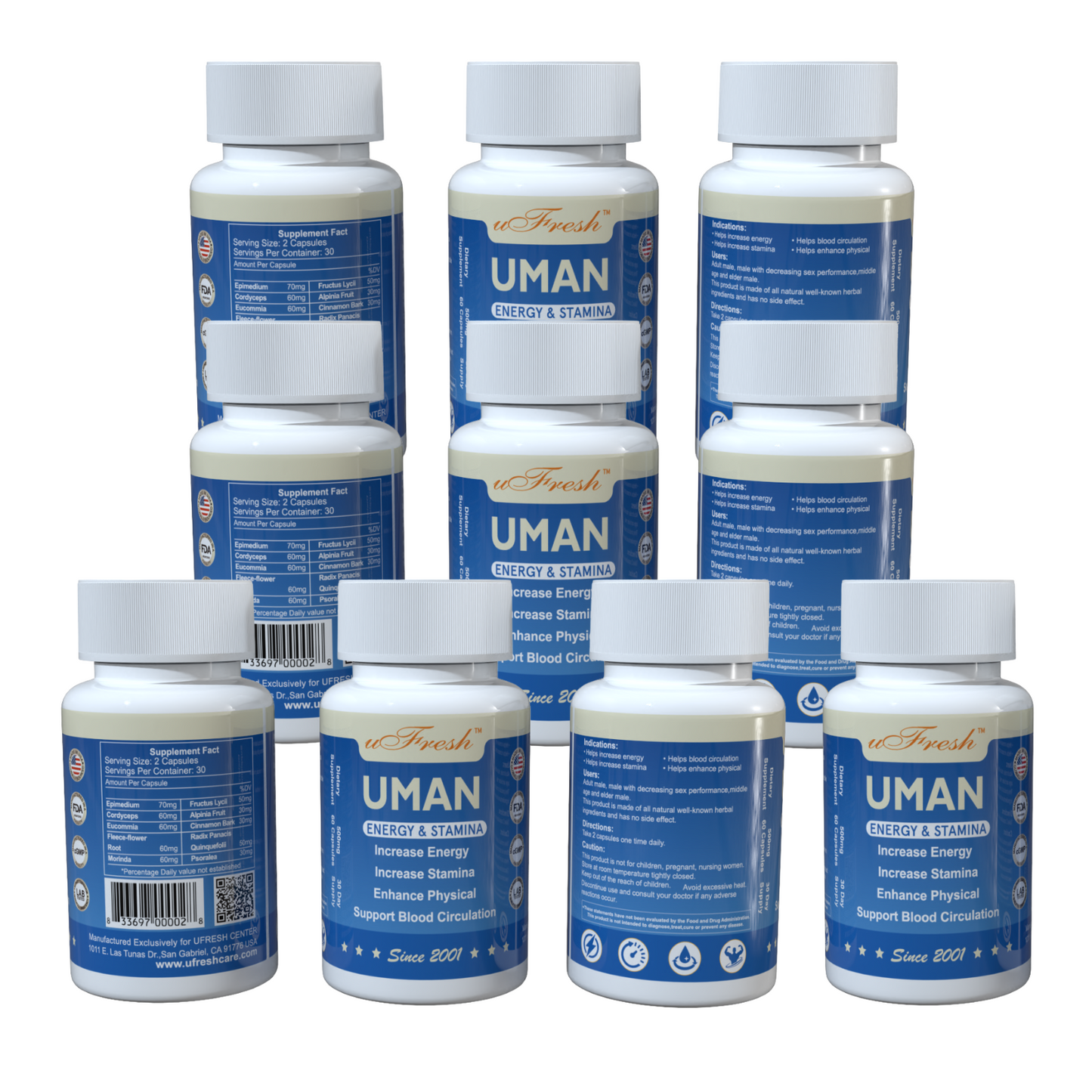 UMAN Energy & Stamina Supplement, 500mg, 30 Day Supply, 60 Capsules