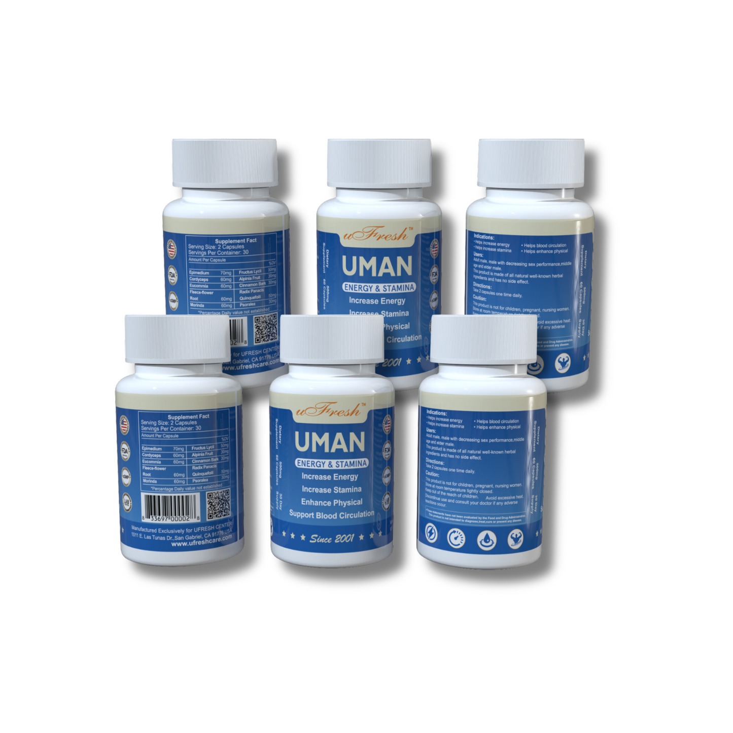 UMAN Energy & Stamina Supplement, 500mg, 30 Day Supply, 60 Capsules